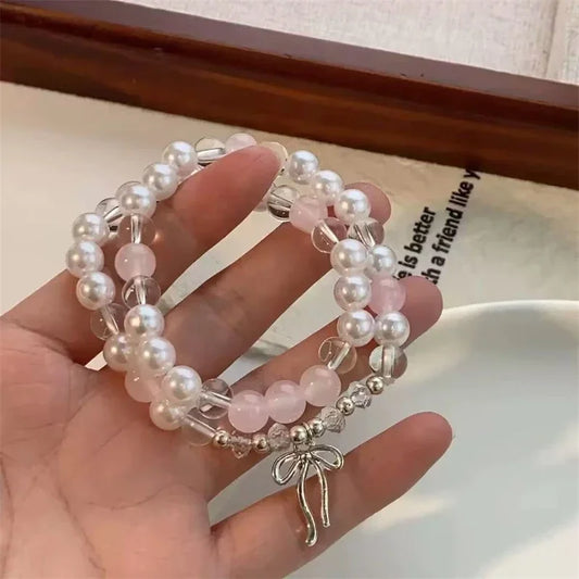 Cute Pink Beaded Imitation Pearl Bracelet For Women Girl Elegant Y2k Sweet Korean Charm Bowknot Bow Jewelry Party Gifts