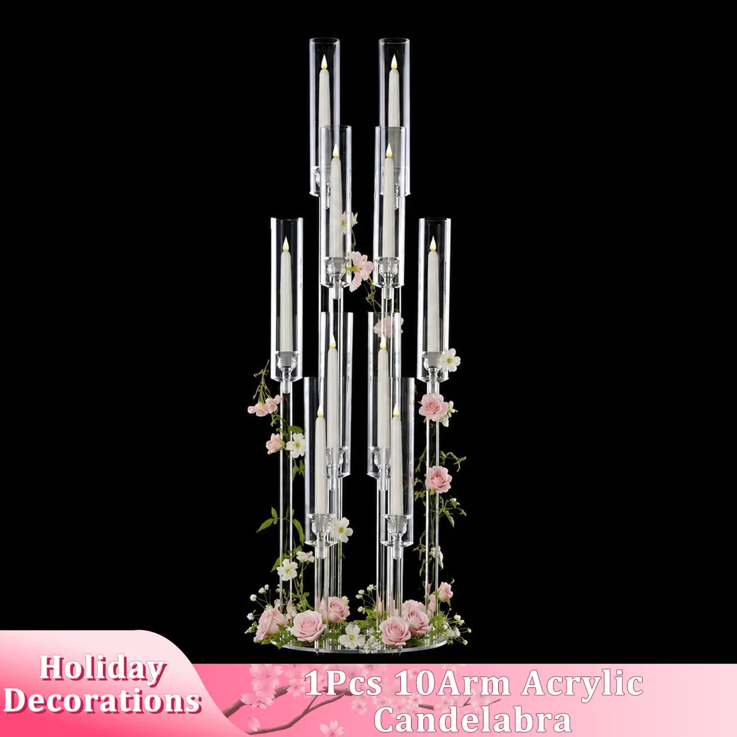 10 Arm Acrylic Candelabra Centerpieces 37.7 Inch Tall Floor Candlestick Holder with Lampshades for Wedding Table Decorations Party Event