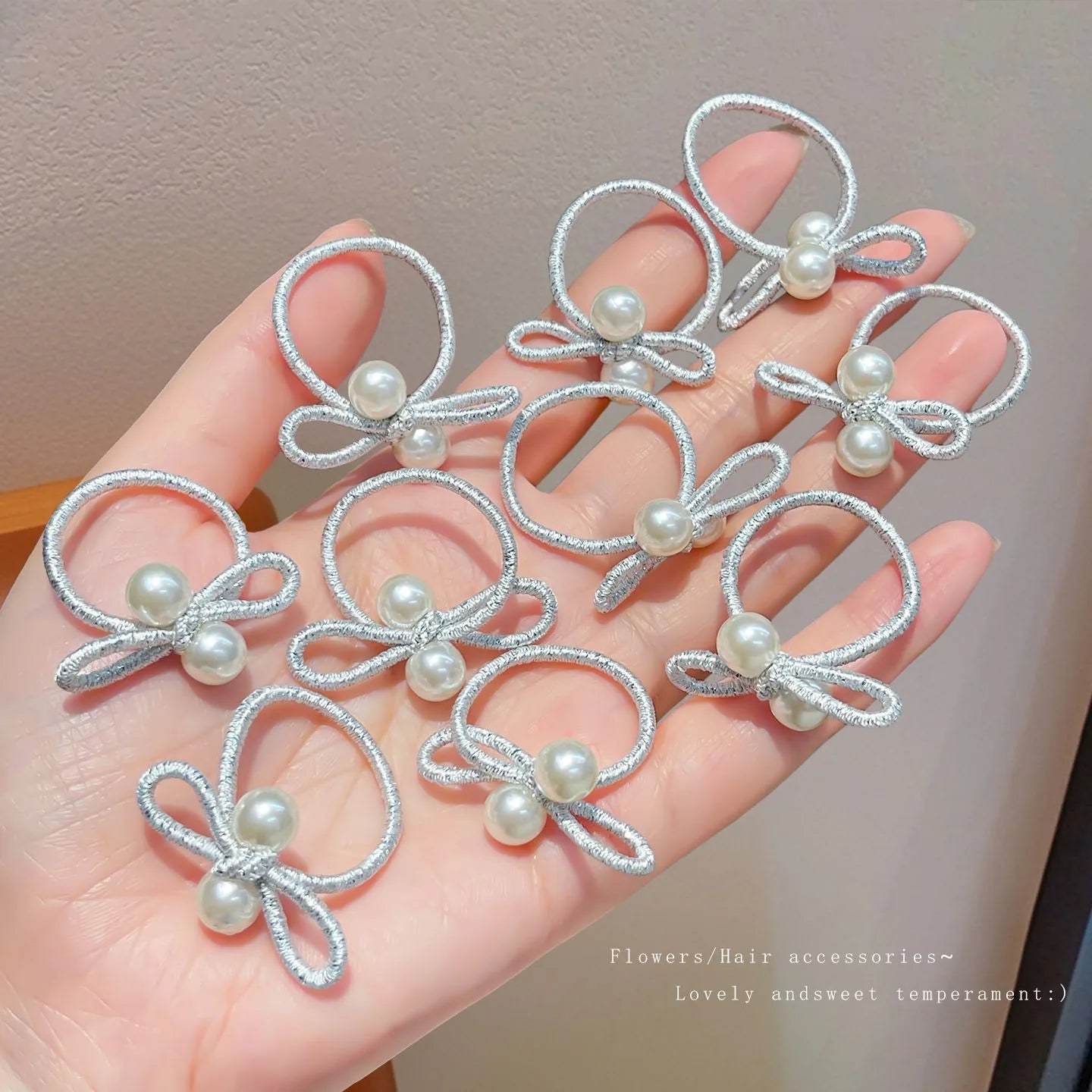 10pcs Korean Silver Pearl Bow Braided Rubber Band for Girls No Damage Hair Small Thumb Hoop Baby Headband Hair Accessories