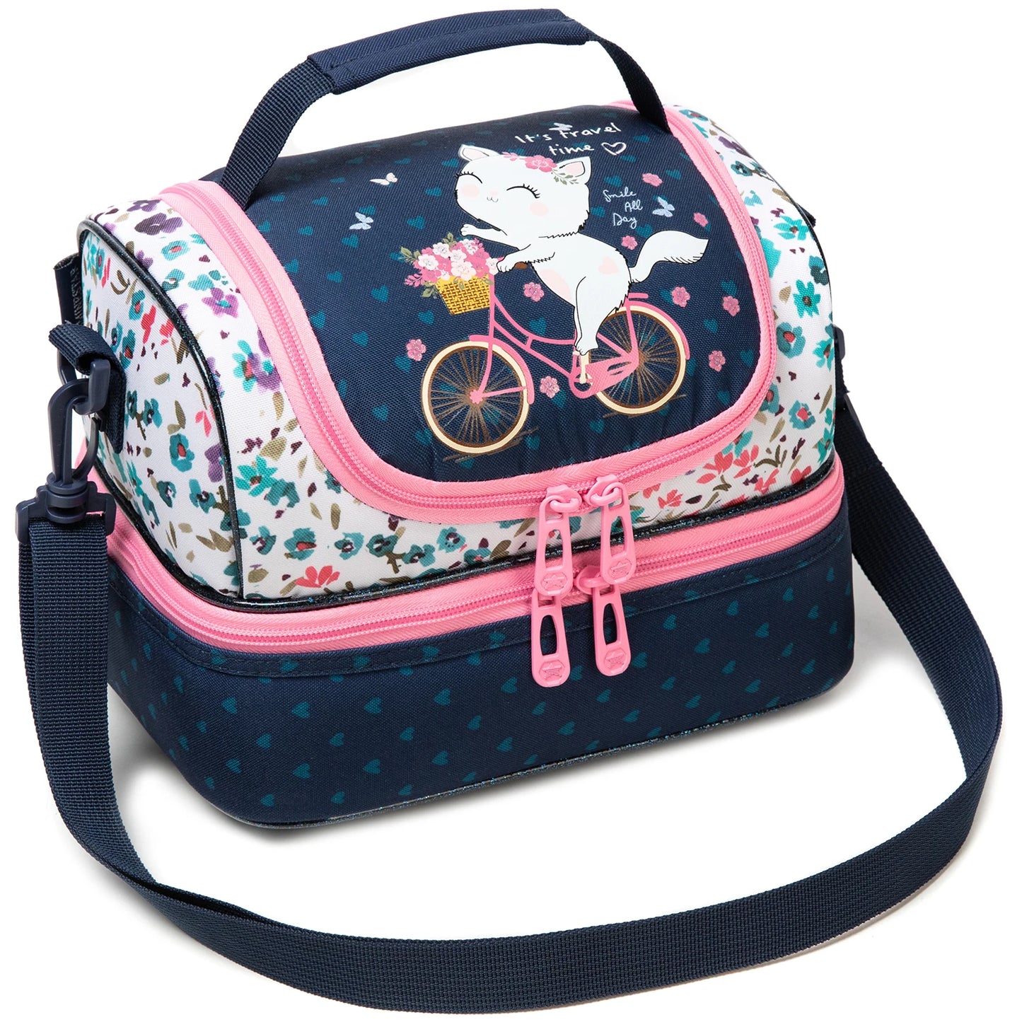 Girls Cute Unicorn Kitten Print Double Deck Lunch Bag Portable Handheld Insulated Food Bag Leakproof Washable Snack Container Bag