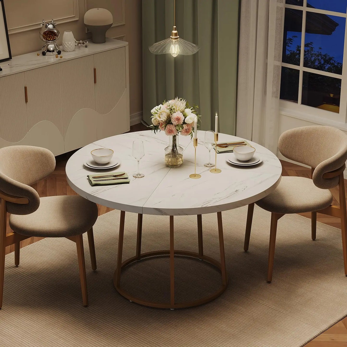 120cm Round Dining Table - Wooden Faux Marble Top & Gold Base Design - Modern Small Table for Kitchen Apartment Restaurant