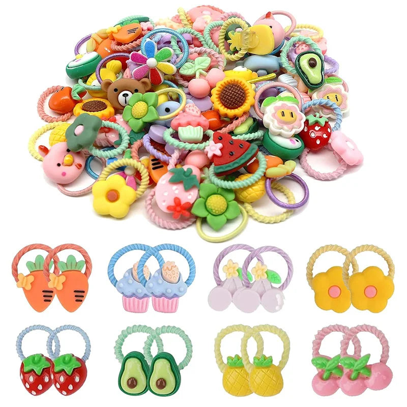 Multipack Soft Elastic Hair Ties for Kids Girls, Cute Animal Fruit Pattern Ponytail Holders, Non Slip Hair Bands for Daily School Party Gift