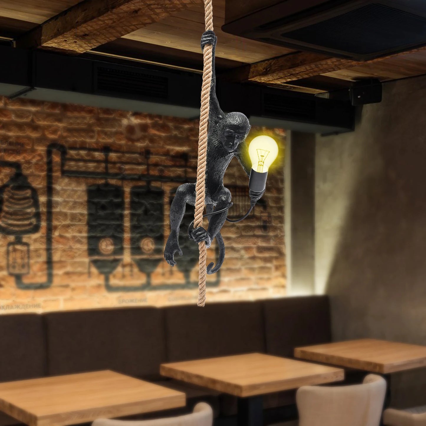 Pendant Light with Adjustable Hemp Rope and Resin Monkey for Home Lighting