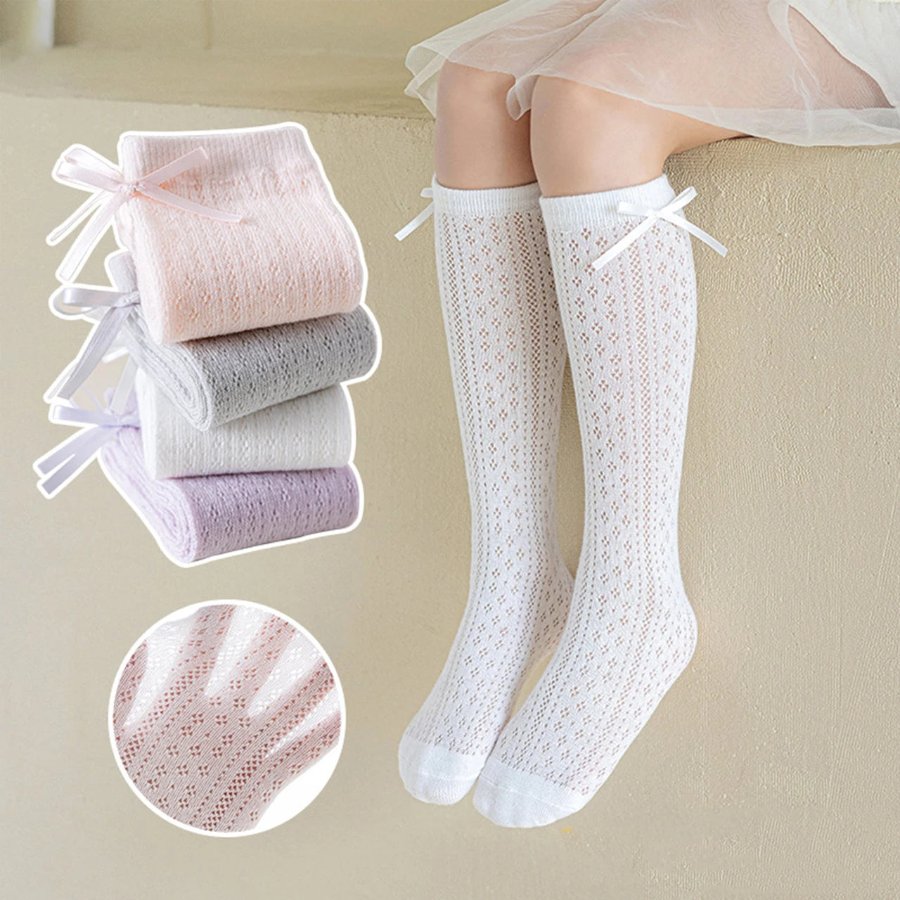 Japanese Hollow Bow Socks for Girl Summer Mesh Breathable Knee High Socks Solid Color Princess Kids Calf Socks 3-10 Years