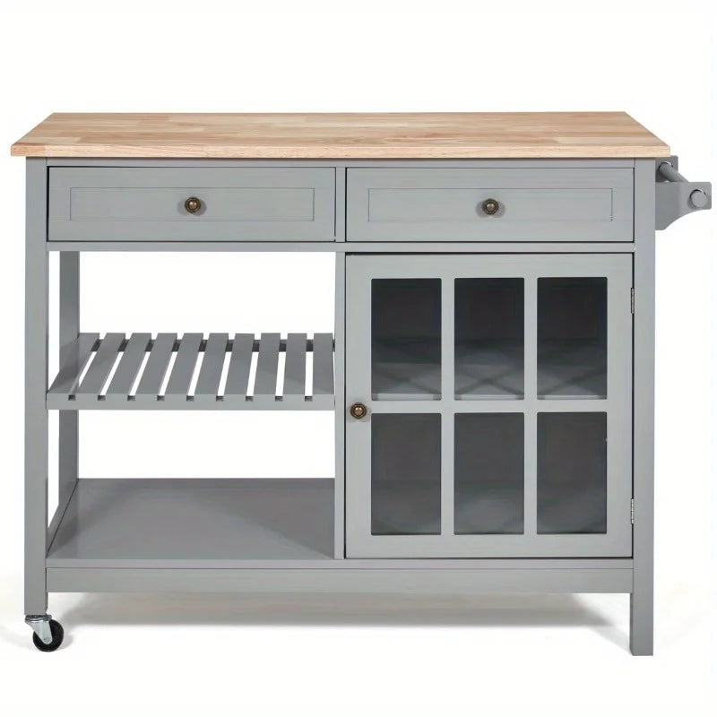 EROMMY 41.7" Solid Wood Top Kitchen Island, Mobile Kitchen Cart with Storage Cabinet, 2 Drawers, Open Shelf & Towel Rack
