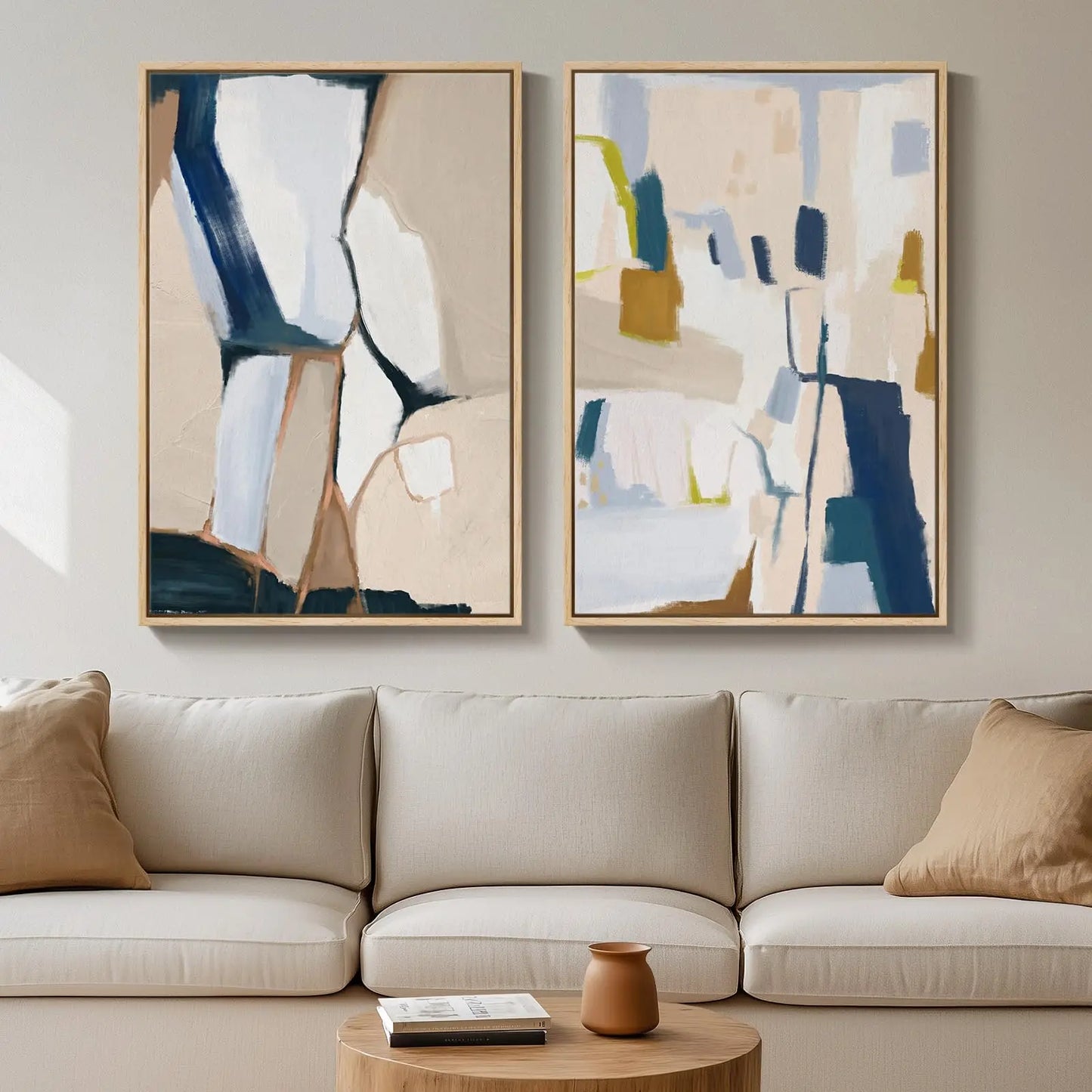 Framed Neutral Abstract Wall Art Set of 2, Black Beige Modern Canvas Prints Paintings Artwork for Walls, Minimalist Block Lines Pictures for Living Room, Dining Room, Bedroom Wall Decor 16x24 In