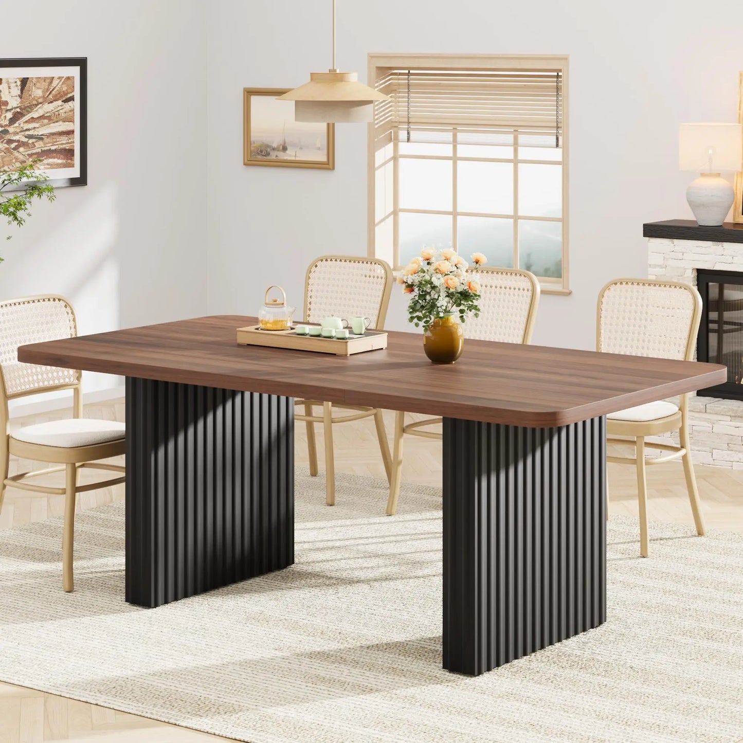 Modern Dining Table for 6-8, 71" Rectangular Farmhouse Kitchen Table with 3.6"×22.9" Black Fluted Wave Metal Legs & Wooden Top, Large Dining Table for Home Office, Dining