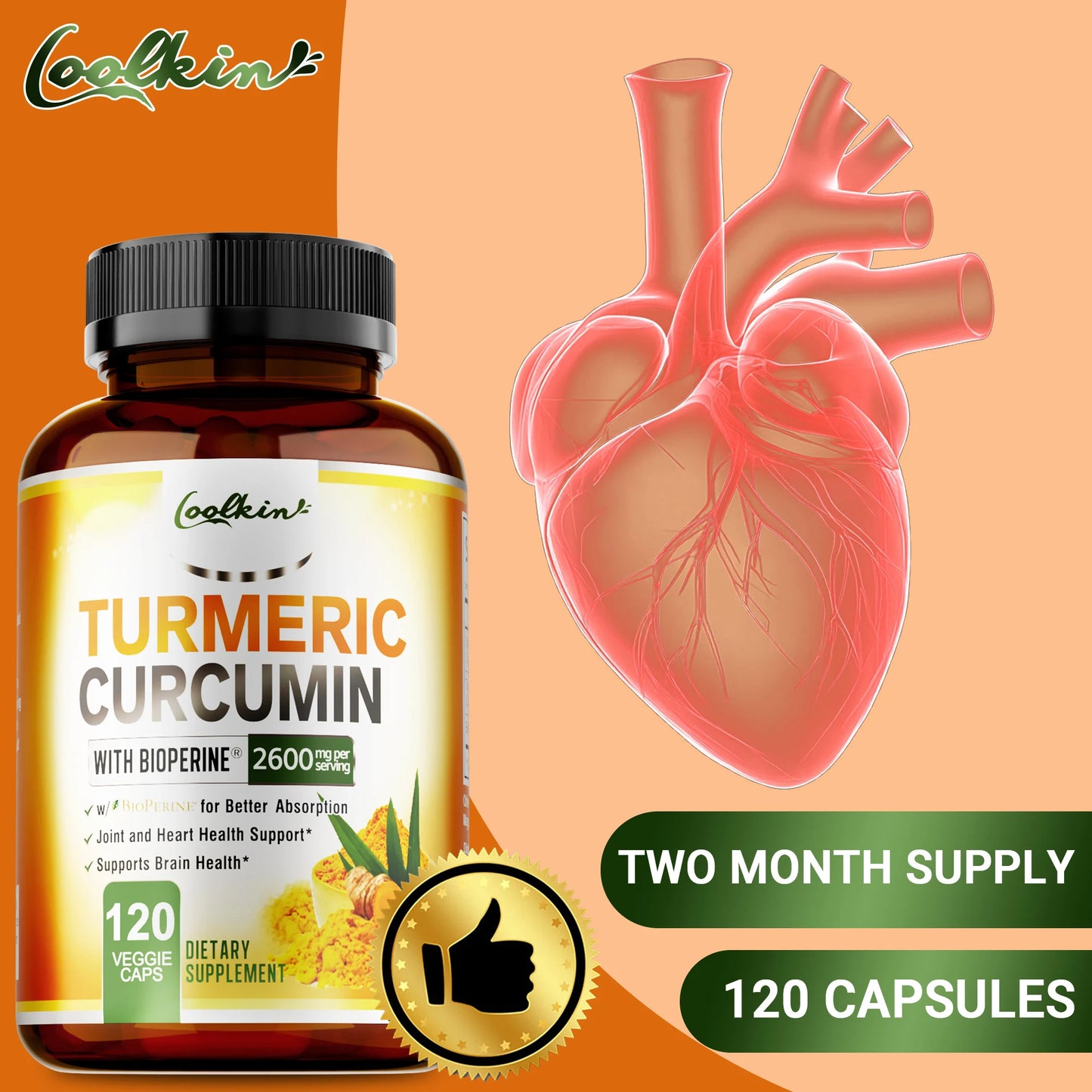 Turmeric Curcumin 2600mg - Helps Promote Joint and Heart Health, Improve Mobility, and Enhance Absorption - 120 Capsules