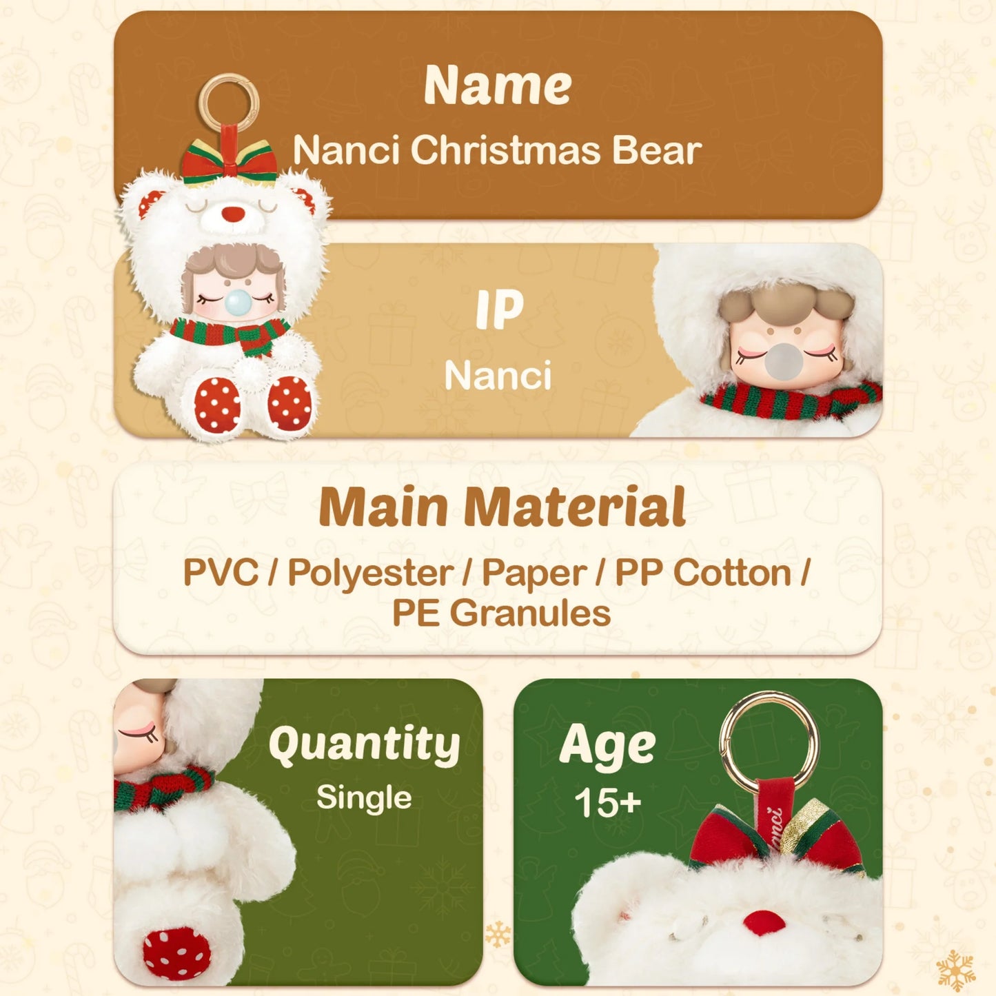 Rolife Nanci Christmas Bear Plush Pendant Collectible Plush Doll Toys Gift for Kids Friends Adults