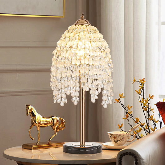 19"Elegant Crystal Table Lamp Vintage Waterfall Design with Crystal Bead String Shades and Marble Textured Base(No Bulb)