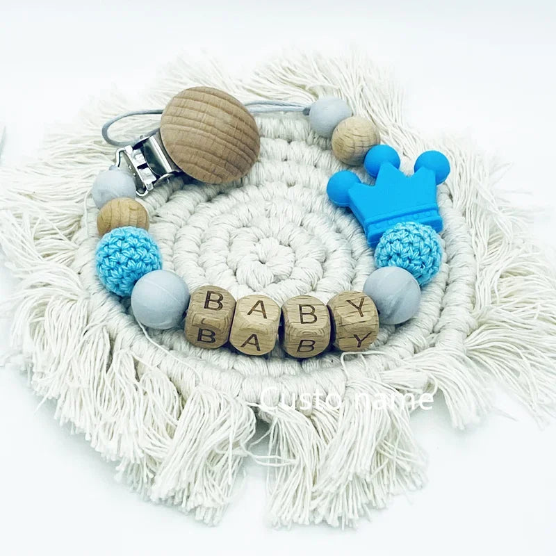 DIY Custom Name Silicone Beads Wooden Ring Pacifier Clips Safe Teething Chains Baby Teether Eco-friendly Dummy Beech Clips Gift