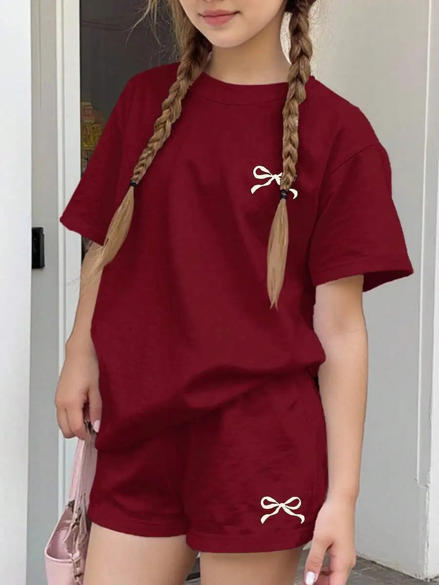 Womens Cherry Bow Print Short Sleeve T-Shirt And Plaid Shorts 2-Piece Set Summer Casual Streetwear Outfit