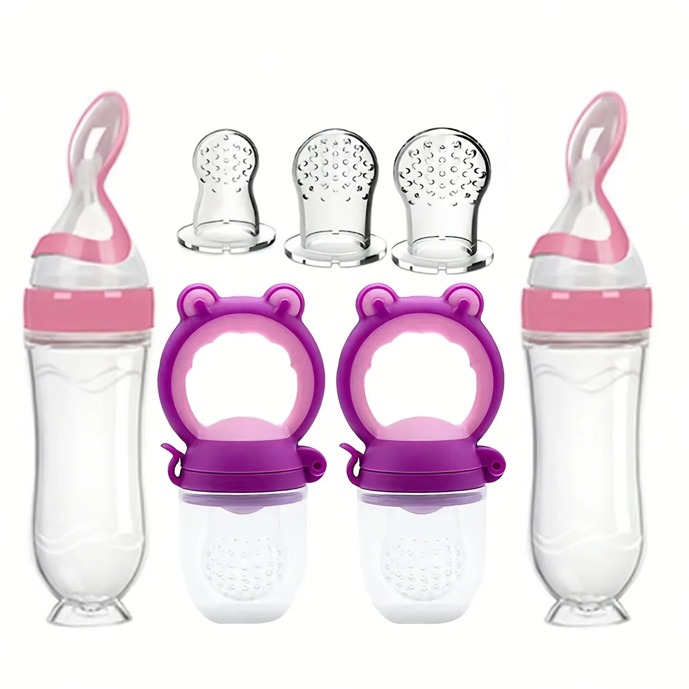 7pcs/set Baby Feeding Set: 2pcs Silicone Feeding Bottle with Spoon,Squeeze Baby Food Dispensing Feeder,2pcs Fresh Food Feeder Pacifier,3-Size Nipples, Toddler Feeding Bottle Set