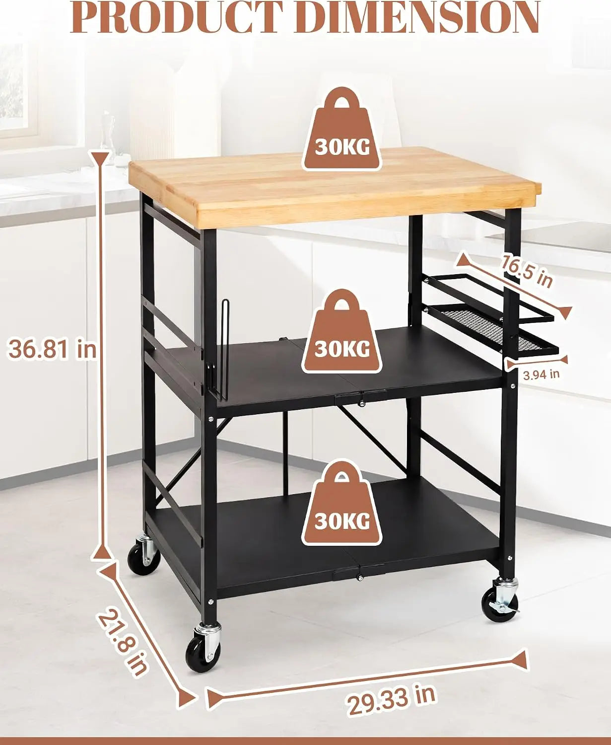 Black Foldable 3-Tier Wheeled Kitchen Cart Mobile Kitchen Island with Wooden Tabletop Multipurpose Microwave Stand & Coffee Bar Trolley Featuring Side Storage Rack for Household Kitchen Storage