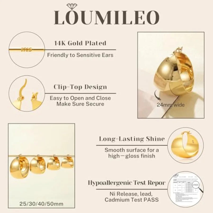 LOUMILEO 24MM Wide Thick Silver Hoop Earrings for Women Lightweight 925 Sterling Silver Hoop Earrings Large Chunky 14K Gold Pla