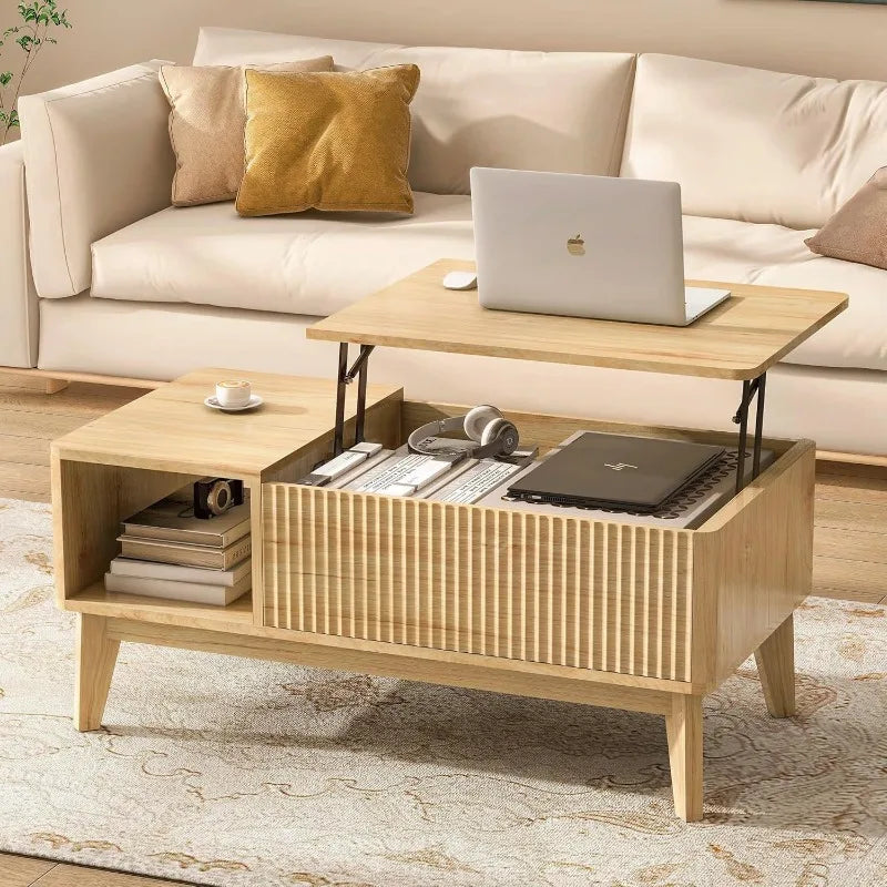Fluted Lift Top Coffee Table with Hidden Compartment, Modern Center Table for Living Room, Home Office, Natural