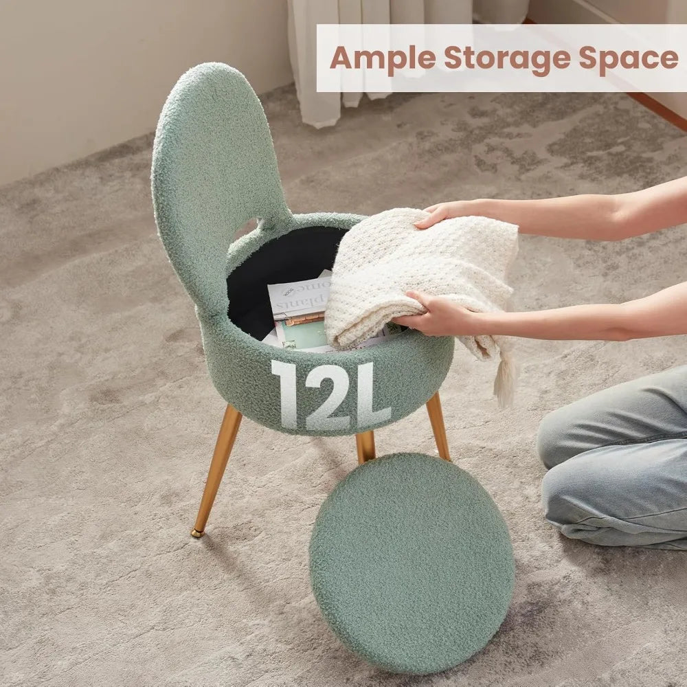 Compact Round Velvet Ottoman with Hidden Storage Foldable Backrest Metal Legs Anti Slip Feet for Bedroom Makeup