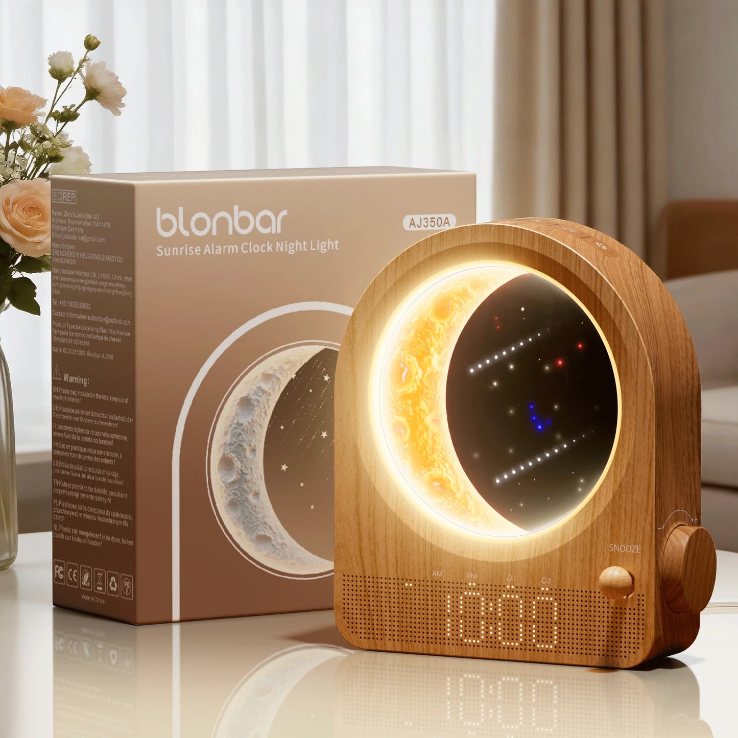 Sunrise Alarm Clocks for Bedrooms, Stepless Dimmable Moon Lamp Dual Alarm Clock with 12Levels Volume for Heavy Sleepers, 10 Natural Sounds with 30/60/90mins Timer, Gifts for Women