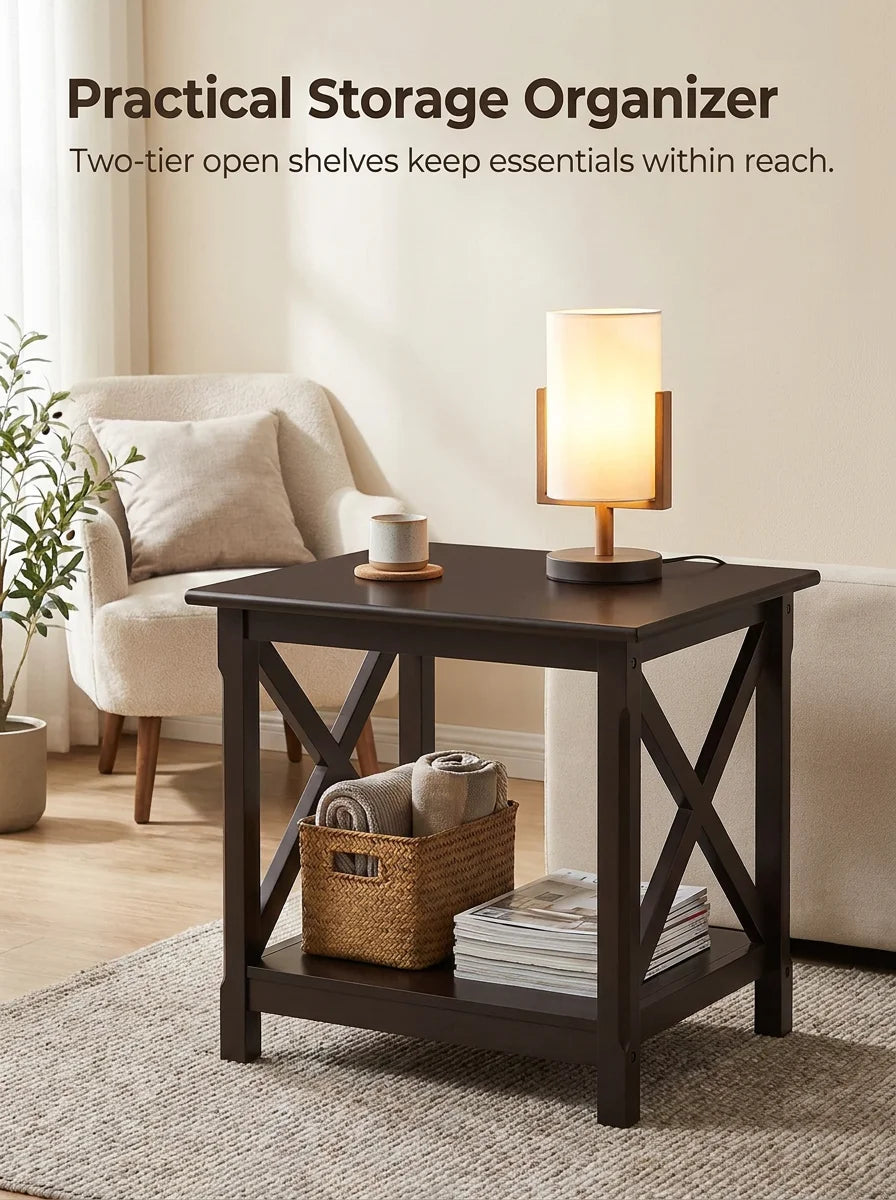 2 Tier End Table with Storage Shelf, Strong X Design Side Table for Living Room, Small Corner Table for Small Spaces