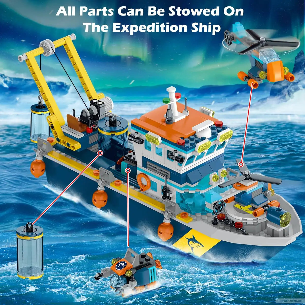 Floatable Boat Building Set with LED-Fun Arctic Explorer Ship with Helicopter Sub Shark Cage Birthday Gift for 6+kids