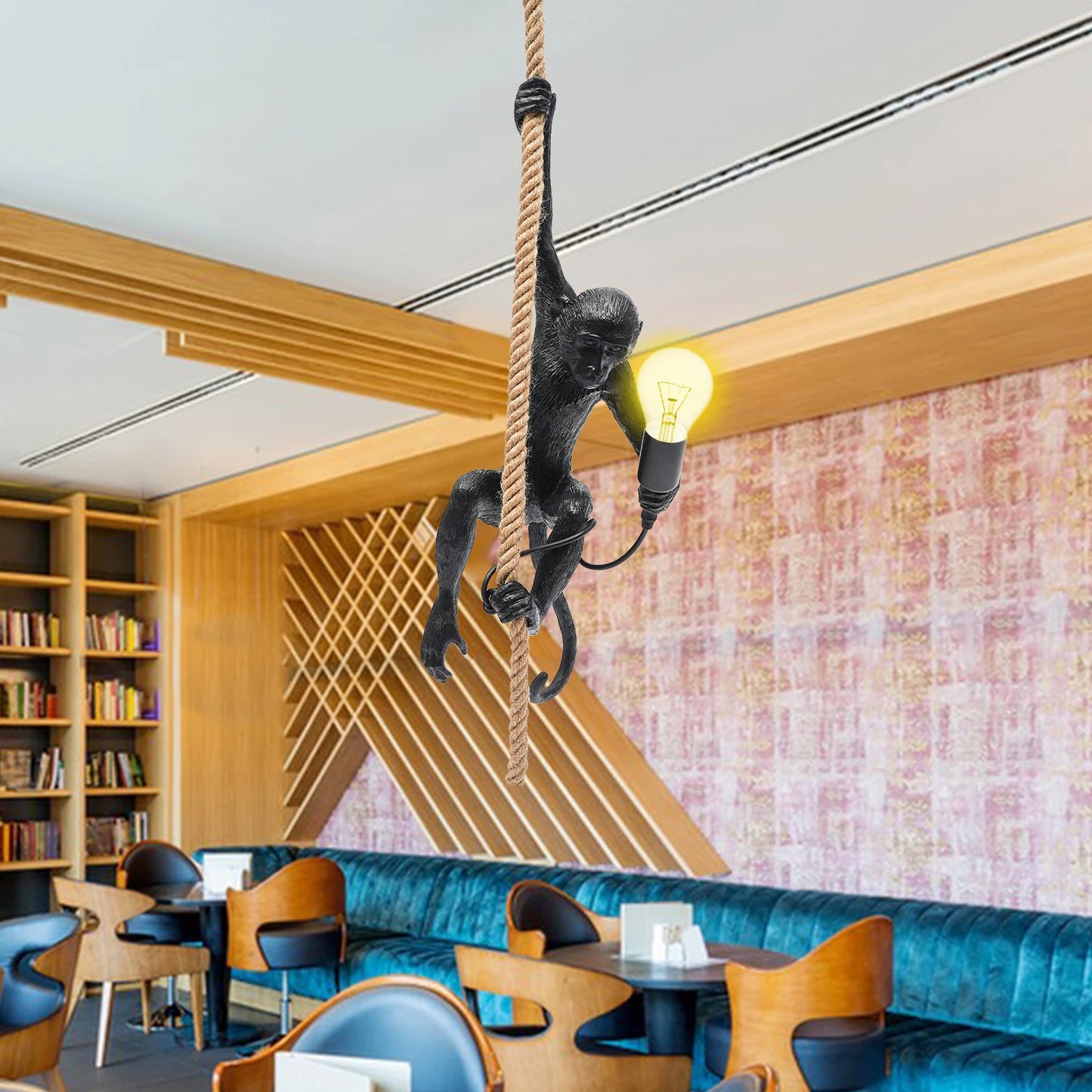 Pendant Light with Adjustable Hemp Rope and Resin Monkey for Home Lighting