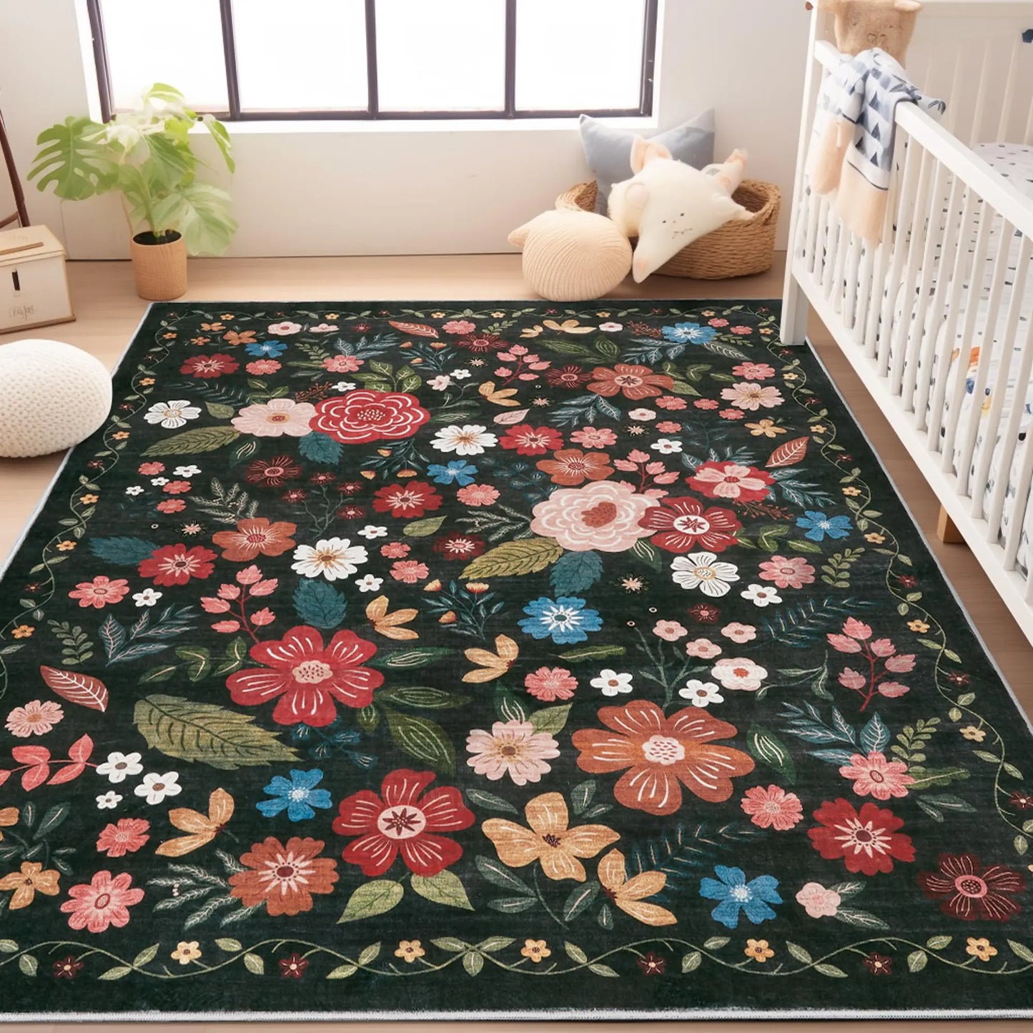 Blank Flower Rug, Washable Non-Slip Area Carpet for Living Room & Bedroom, Home Decor