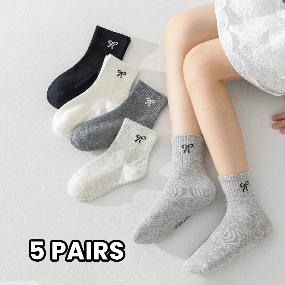 5 pairs  girls' plain-colored with bow-patterned socks, cute and casual, suitable for daily use and travel, kid's  mid-calf sock