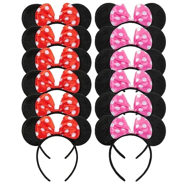 CHuangQi 12pcs Mouse Ears Headband with Bow, Mickey Minnie Ears Headwear for Boy / Girl Birthday Party, Great Party Favors
