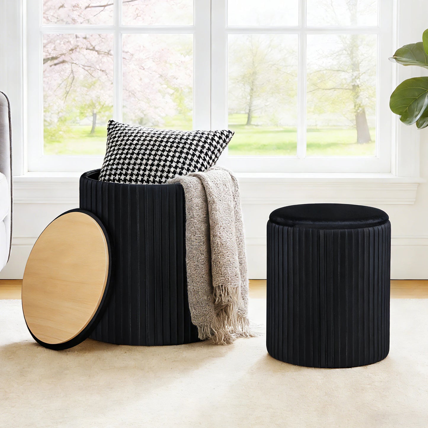 JHK Living Room Round Ottoman with Storage Set of 2 Hidden  Footstool Toy Box Bedroom Bench Strong Load-bearing Capacity Stool