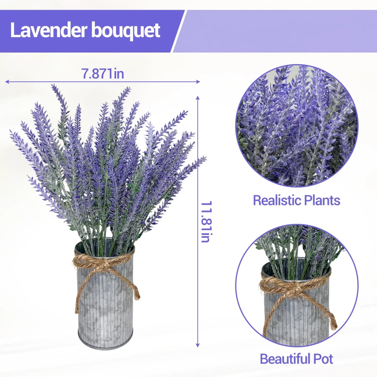 3-Piece Lavender Flowers Artificial with Decorative Wood Tray Set, Small Fake Lavender Plants in Galvanized Metal Pot, Faux Plant Dining Room Table Centerpiece for Kitchen, Coffee Table & Office