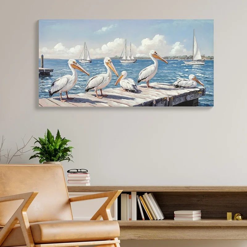 Large Blue Ocean Seagull Canvas Art for Living Room, Modern Coastal Seascape Wall Decoration, 22" x 44
