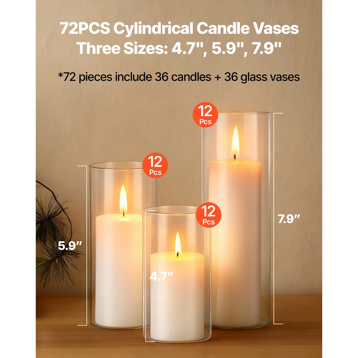 Pillar Candles and Glass Vases Set 24-120pcs Clear Cylinder Hurricane Candle Holders for Wedding Centerpieces Tall Vase
