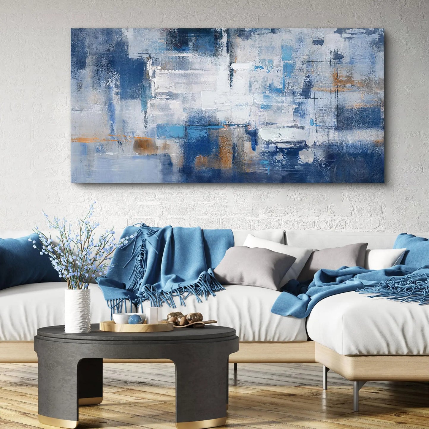 Blue Abstract Canvas Wall Art - Black Frame Artwork Picture Living Room Wall Decor Modern Paintings Large Wall Art for Bedroom Home Decoration