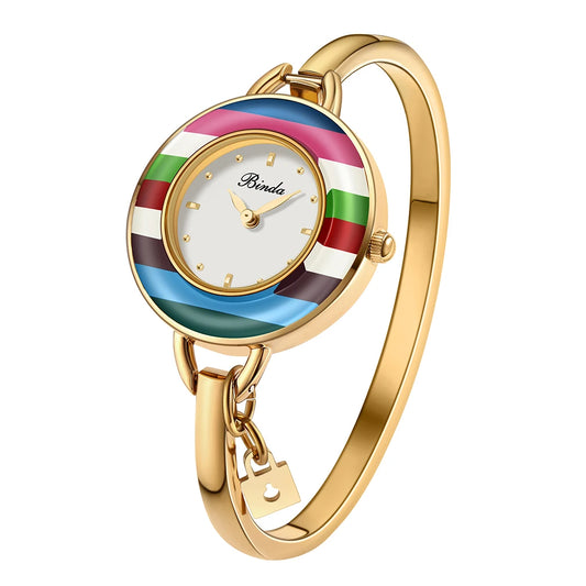 BINDA Women’s Elegant Waterproof Stainless-Steel Quartz Watch – Rainbow Gold Bracelet, Round Delicate Dial, Perfect for Daily