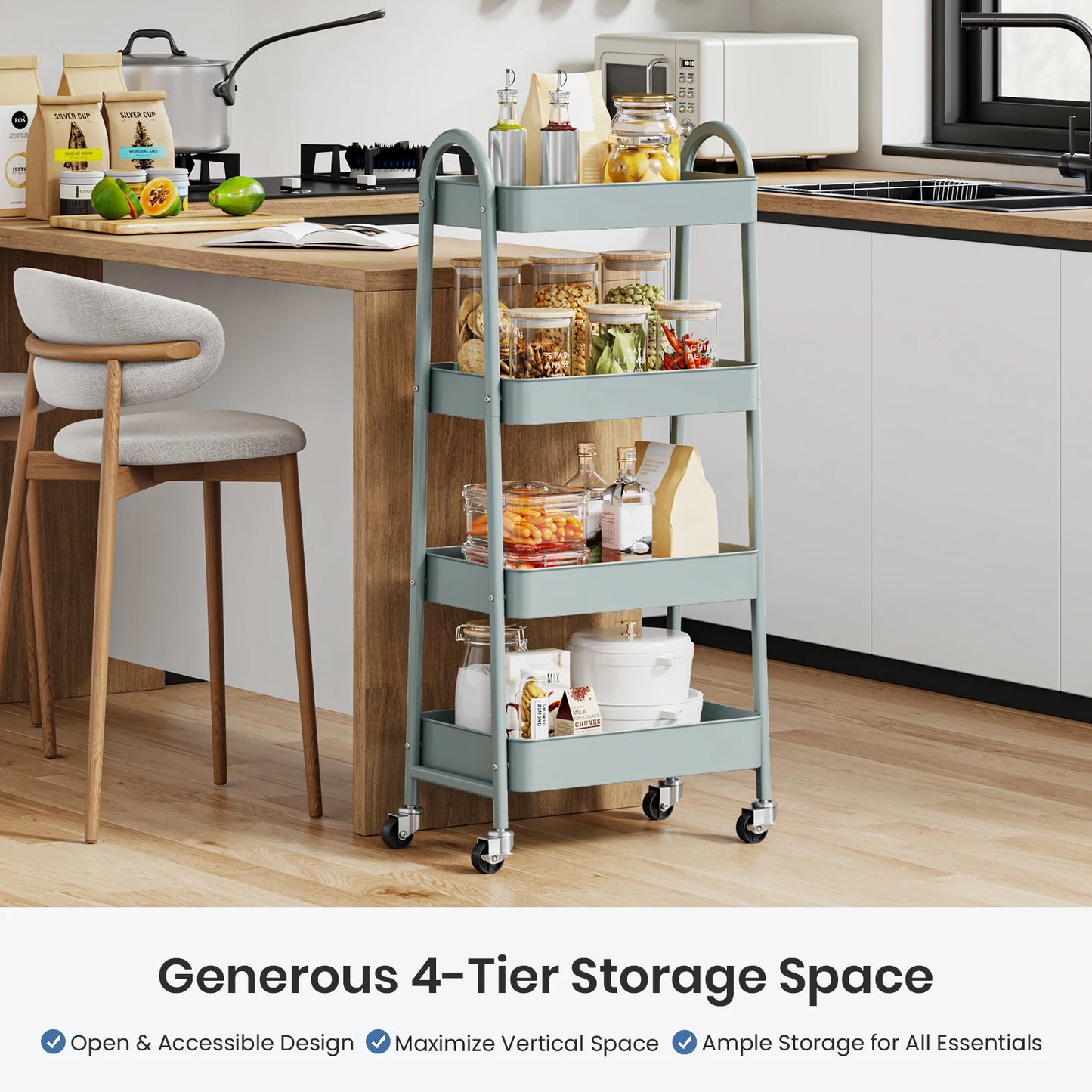 MCQ 4 Tiers Mobile Metal Frame Kitchen Cart Rolling Storage Shelf with Lockable Caster Wheels Organization Utility Cart for Livingroom Kitchen Narrow Places ﻿