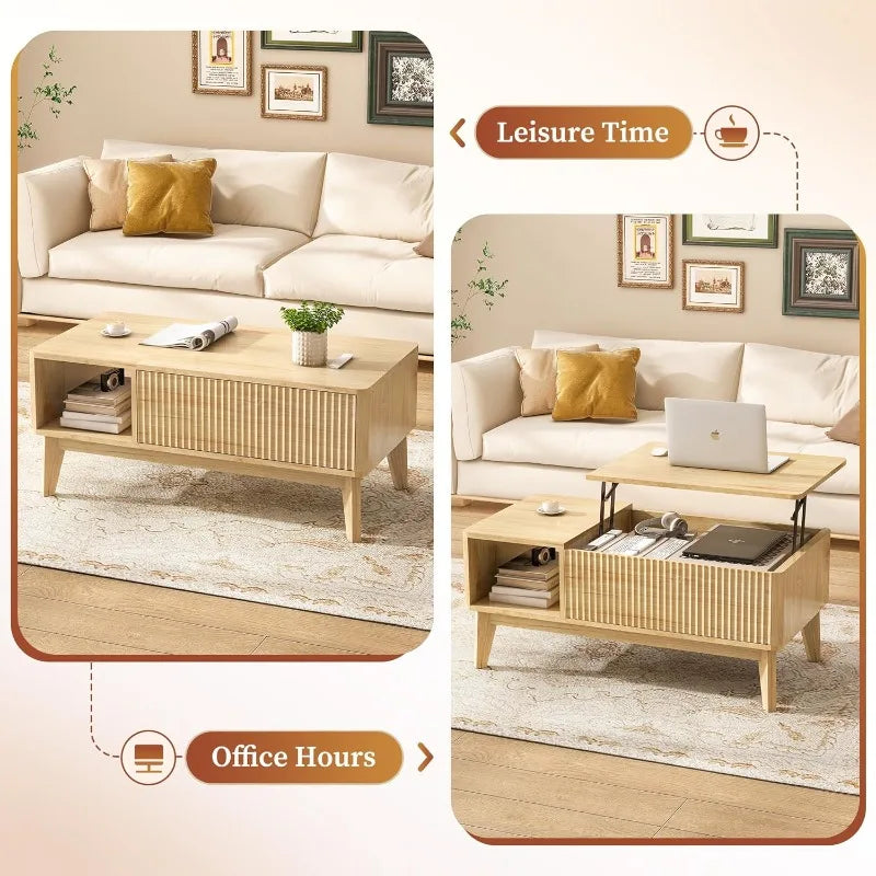 Fluted Lift Top Coffee Table with Hidden Compartment, Modern Center Table for Living Room, Home Office, Natural