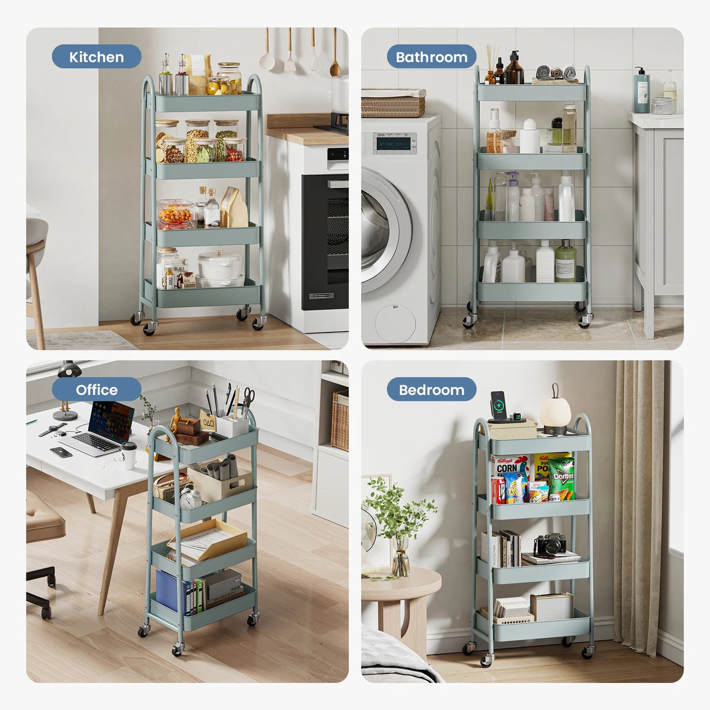 MCQ 4 Tiers Mobile Metal Frame Kitchen Cart Rolling Storage Shelf with Lockable Caster Wheels Organization Utility Cart for Livingroom Kitchen Narrow Places ﻿