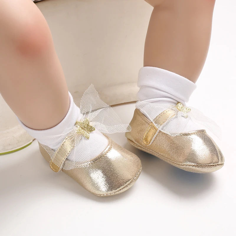 Golden Color Cute Baby Walking Shoes Flat Ballet Footwear with Adjustable Straps for Girls Comfortable First-Time Walk