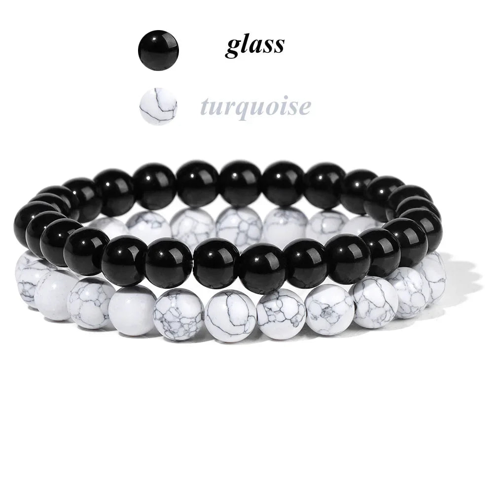 2Pcs Colorful Natural Stone Bead Bracelet Set 8MM Natural Agates Turquois Amethysts Quartzs Gem Stretch Bangle Jewelry Gift