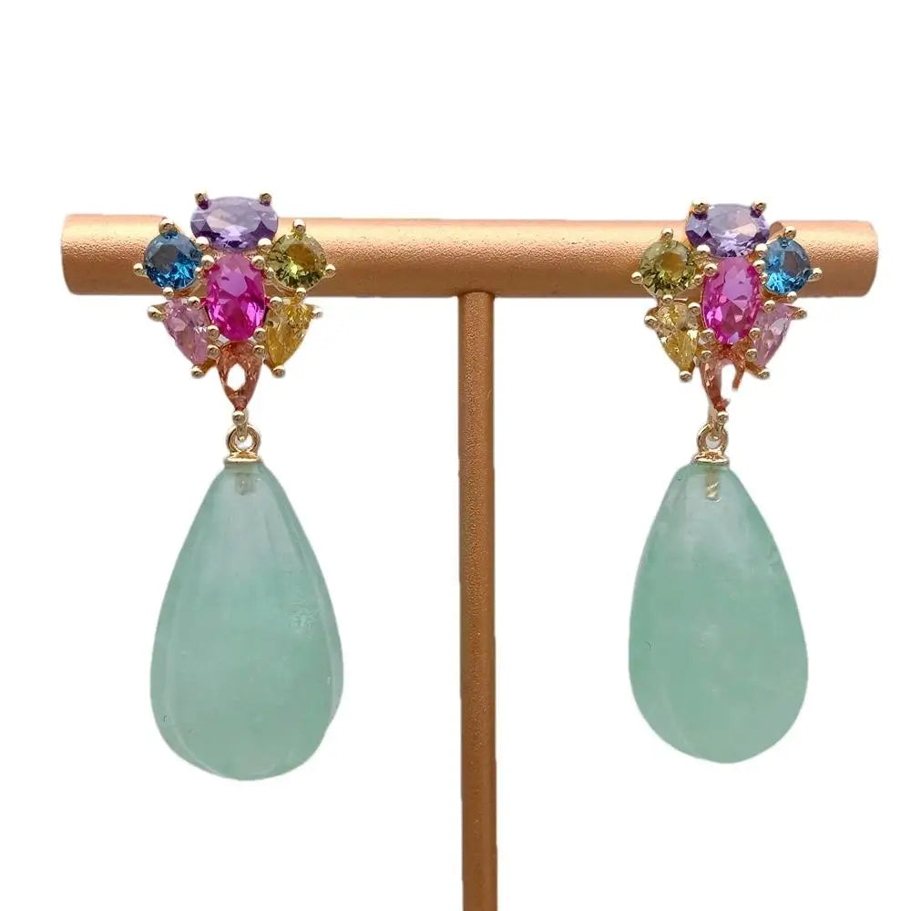 YYGEM 14x23mm Natural Green Fluorite Teardrop Cz Pave Stud Dangle Earrings