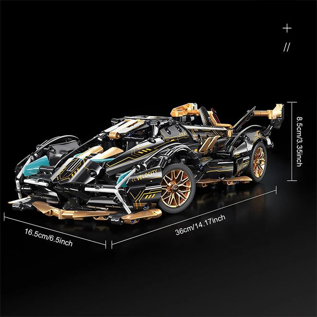 Black V12 Block Roadster RC Tech Racer 1:14 DIY Roadster Building Block Assembly Block Car Toy Birthday Gift （1280+Granule）
