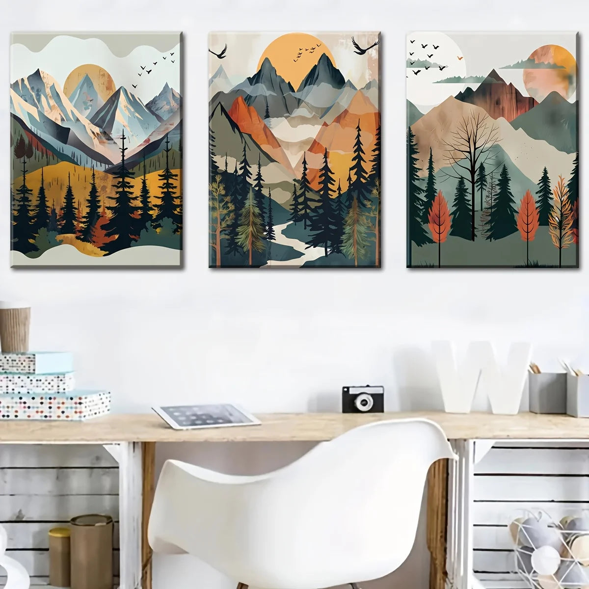 Abstract Mountain Landscape 3-Piece Wood Framed Canvas Wall Art Set, Scenic Nature Decor for Living Room Bedroom, Ready to Hang