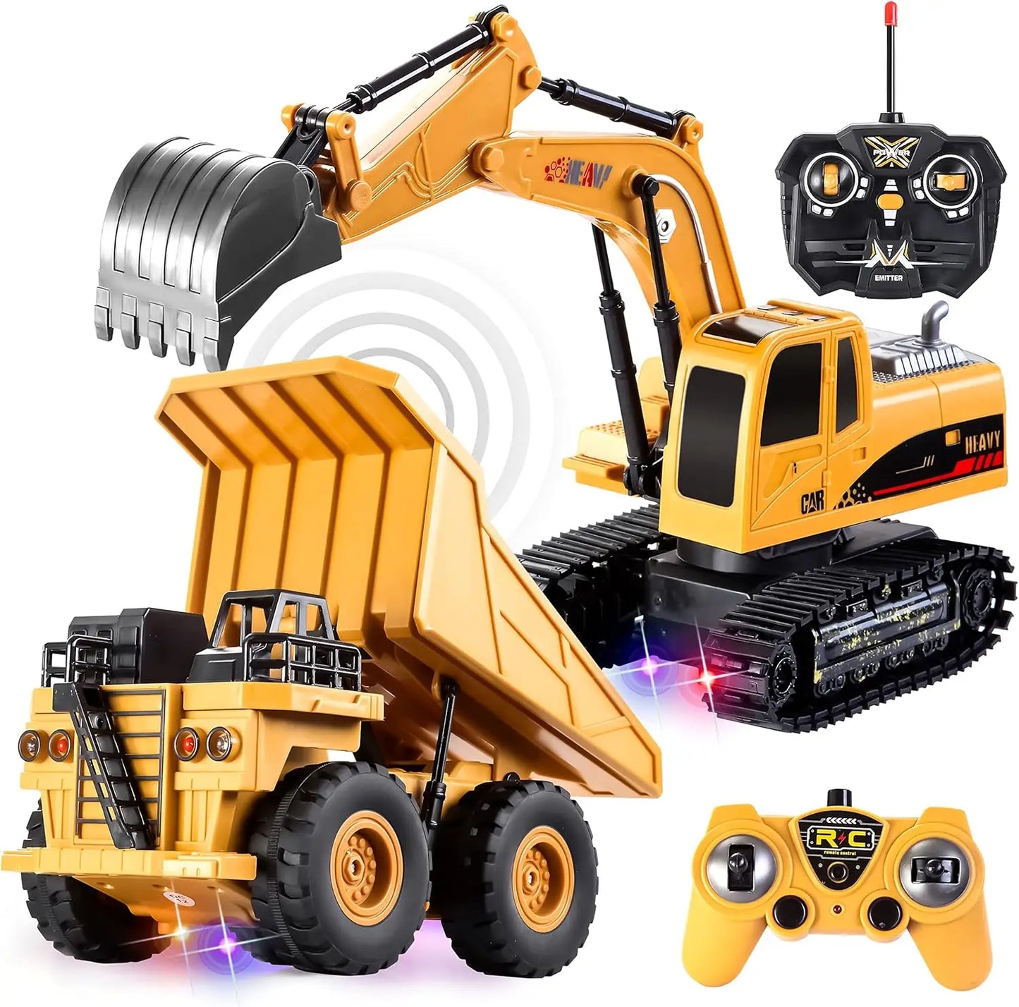 2 PCS Remote Control Construction Vehicle Toy Set Friction-Powered RC Excavator & RC Truck for Kid Christmas Birthday Gift