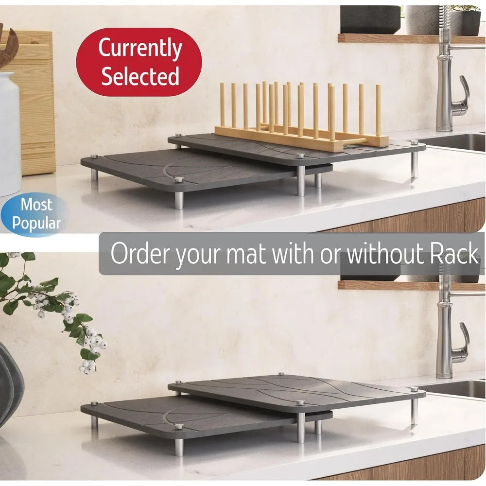 Collapsible Diatomaceous Earth Drying Mat and Bamboo Rack Set Non Slip Feet Large Kitchen Counter Dish Drainer Dark Gray