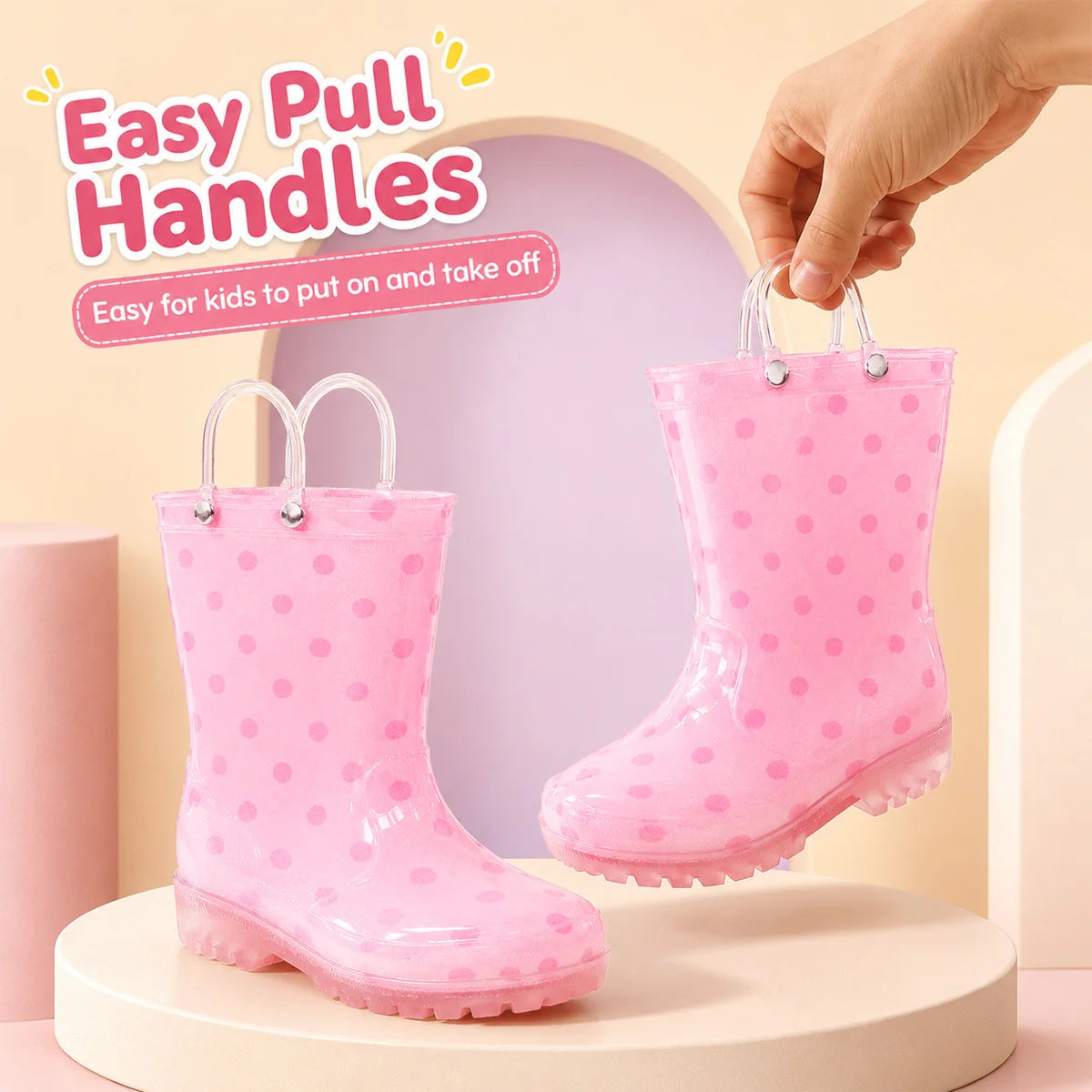 Kids Rain Boots with Pull Handles, Cute Cartoon Polka Dot Design, Girls Waterproof Wellies for Outdoor Water Play, Camping and Adventures