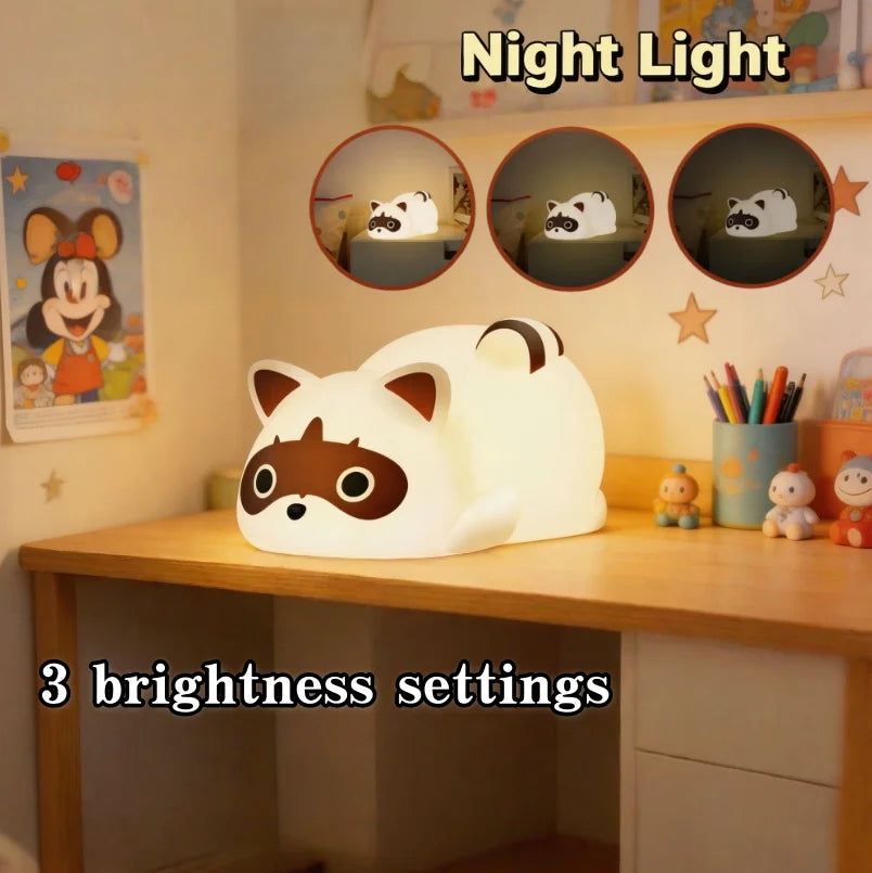 Portable Rechargeable Night Light 1200mAh, Silicone Raccoon Touch Control Lamp with 3 Dimmable Modes,Bedside Lamp Cute Gift