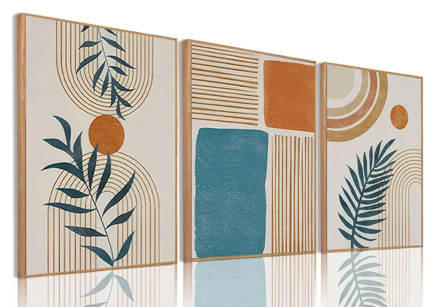 Framed Boho Canvas Wall Art Mid Century Modern Prints Set of 3 Neutral Geometric Line Leaf Paintings Decor Minimalist Abstract Pictures Bedroom Living Room Bathroom