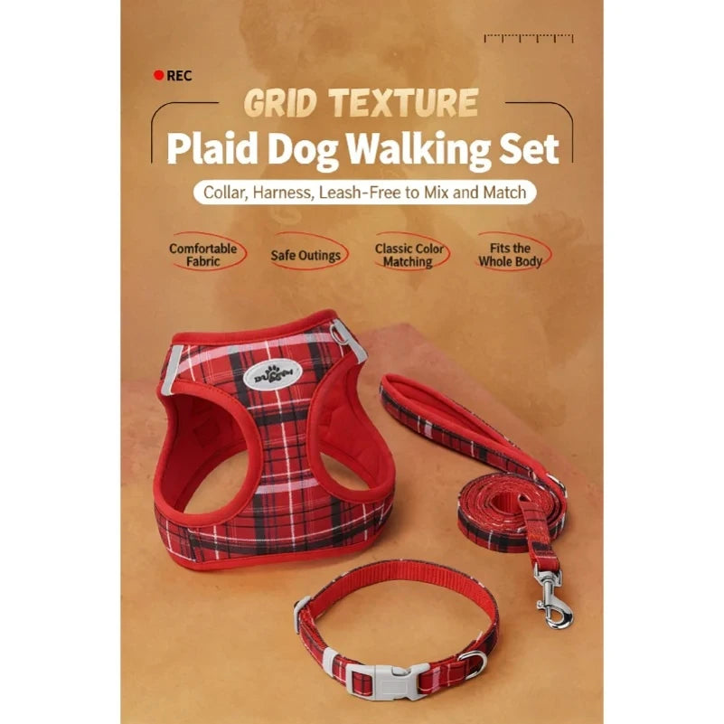 Classic Plaid Pet Three-Piece Set, Stress-Relief Leash, Vest-Style Harness, New Year Dog Harness