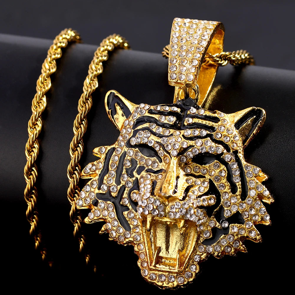 HipHop Tiger Pendant Necklace for Men Women Iced Out Cuban Link Chains Luxury Crystal Cuban CZ Stainless steel Necklaces Jewelry