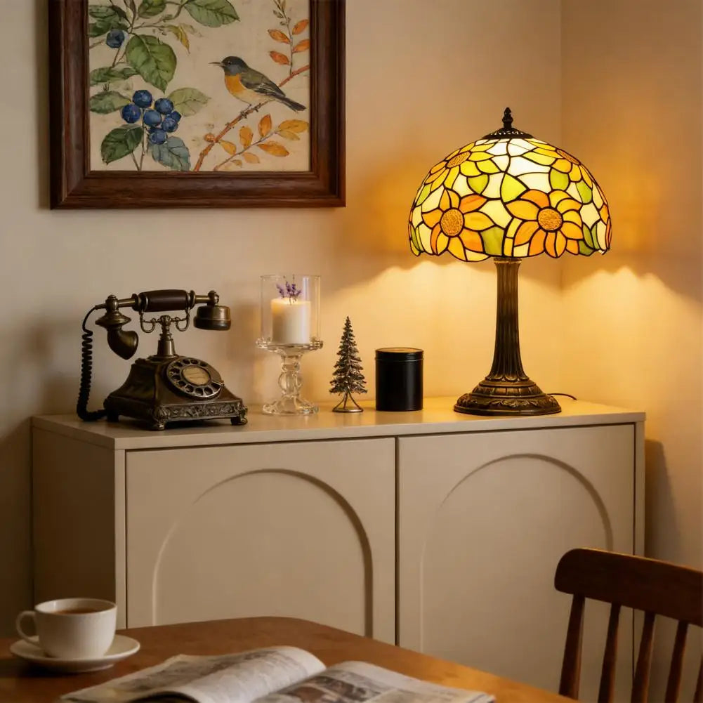 Stained Glass Bedroom Table Lamp, 12-inch Yellow Sunflower Reading Desk Light for Bedside, Living Room, Office, Dining Room